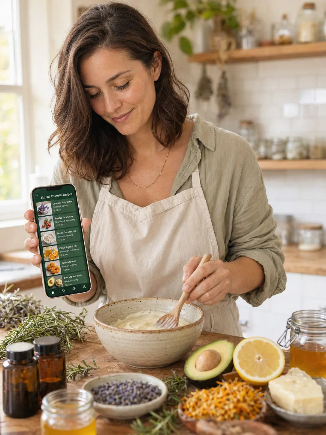 Mulher fazendo cosméticos naturais em casa usando o app Naturall Academy